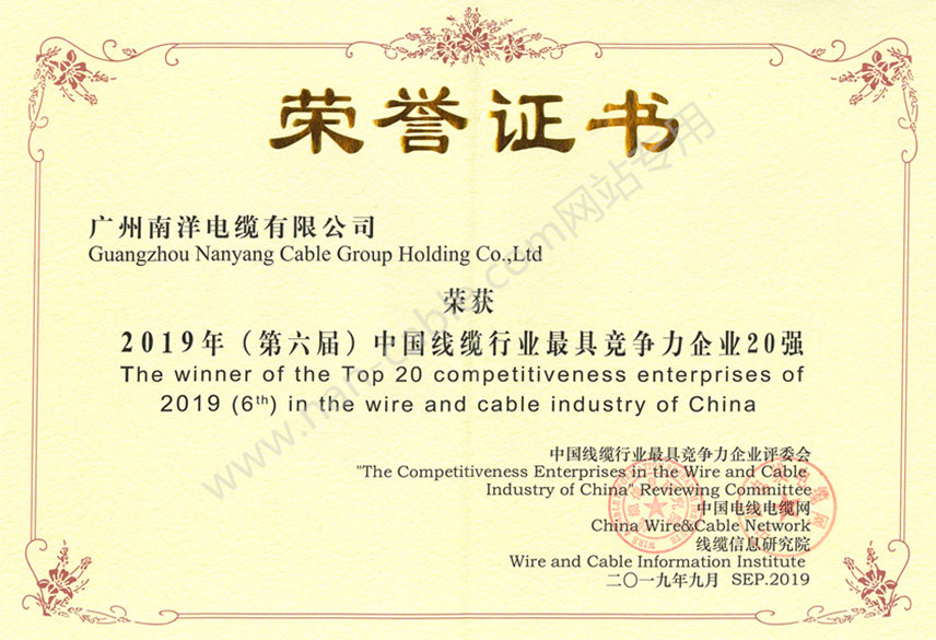 2019年度中国线缆行业最具竞争力企业20强证书