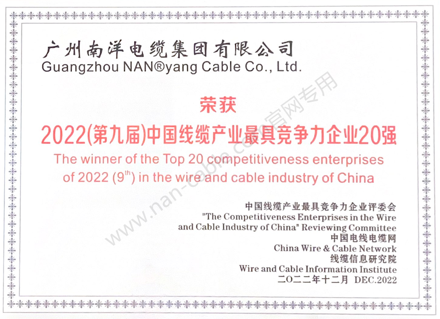 2022年度中国线缆行业最具竞争力企业20强证书